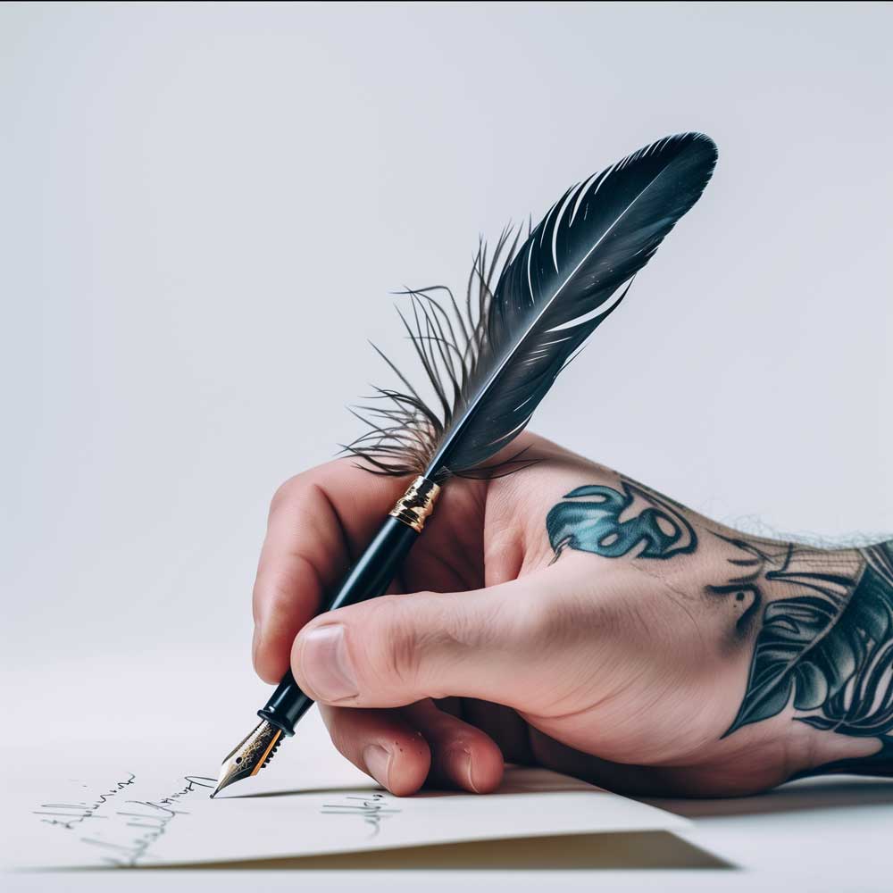 Tattooed hand writing with a quill